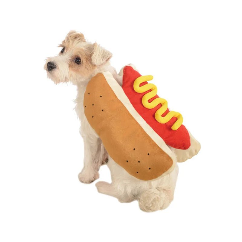 Dog wearing a hot dog costume 