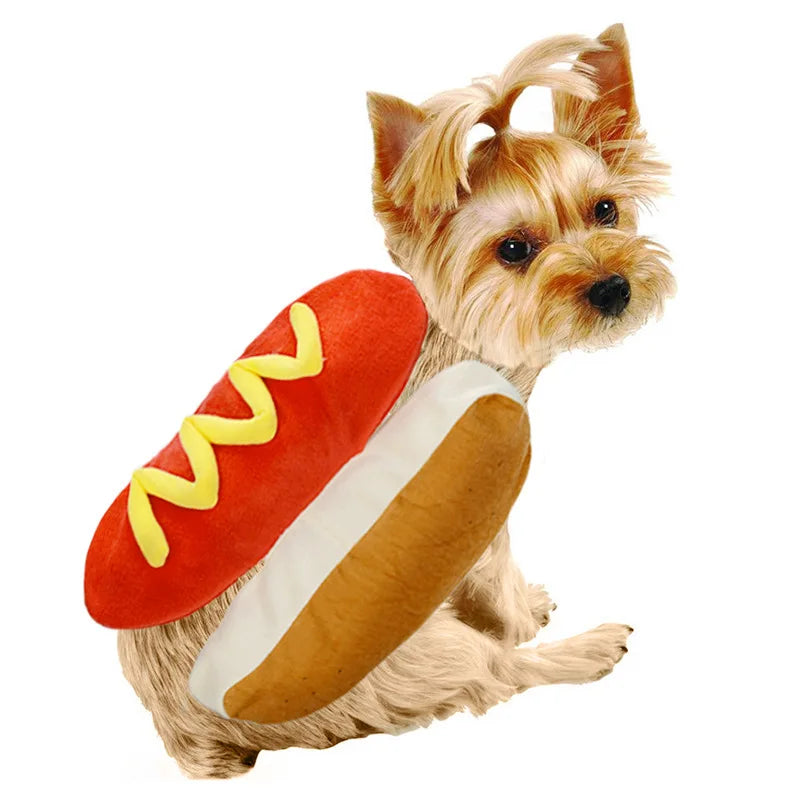 Dog wearing a hot dog costume 